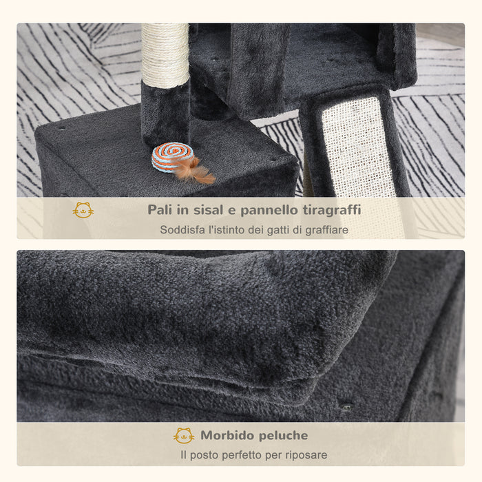 EasyComfort Albero Tiragraffi per Gatti con Pali in Sisal, Lettino e 2 Casette, 59x39x83cm, Grigio Scuro