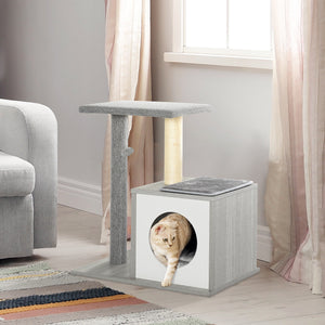 Easycomfort Albero Tiragraffi Multilivello per Gatti e Gattini con Cuccia e Colonna in Corda Sisal, Grigio, 59 x 39 x 62cm