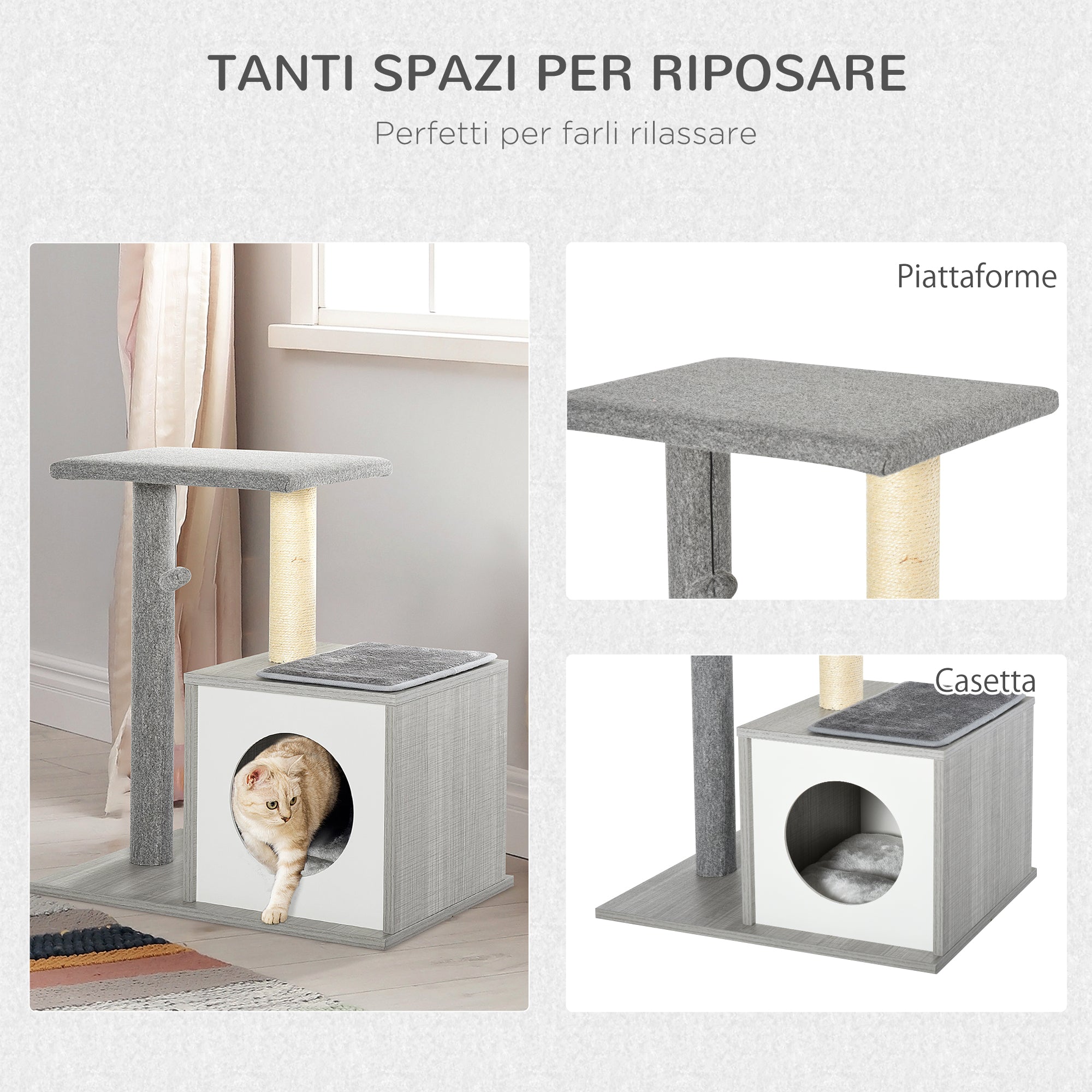 Easycomfort Albero Tiragraffi Multilivello per Gatti e Gattini con Cuccia e Colonna in Corda Sisal, Grigio, 59 x 39 x 62cm