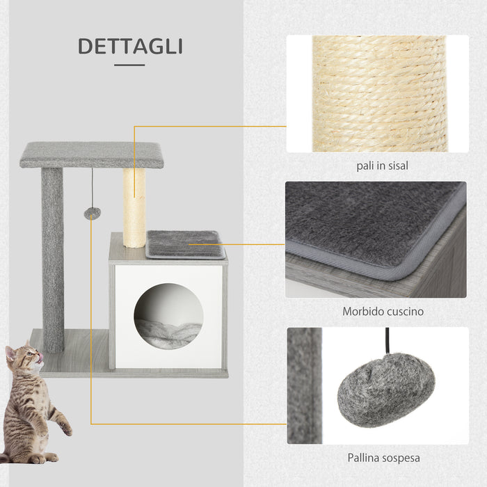 Easycomfort Albero Tiragraffi Multilivello per Gatti e Gattini con Cuccia e Colonna in Corda Sisal, Grigio, 59 x 39 x 62cm