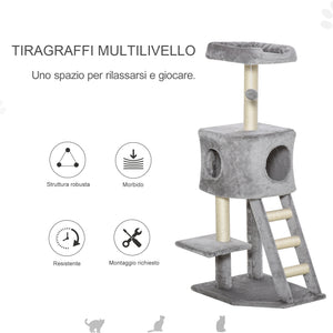 EasyComfort Tiragraffi Multilivello Palestra per Gatti con Cuccia, Scala e Corde in Sisal, Grigio Chiaro, 50x40x120cm