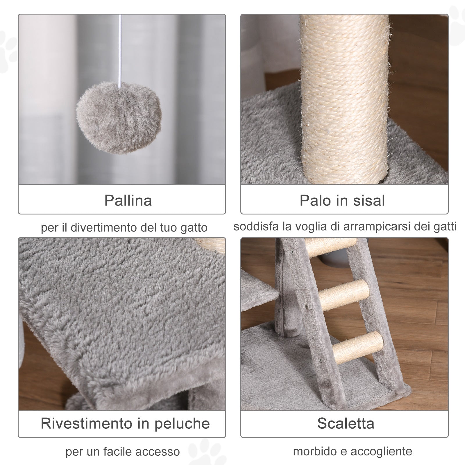 EasyComfort Tiragraffi Multilivello Palestra per Gatti con Cuccia, Scala e Corde in Sisal, Grigio Chiaro, 50x40x120cm