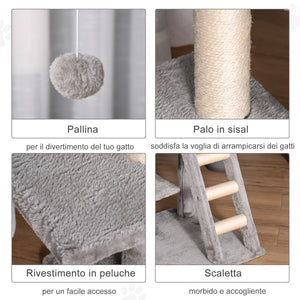 EasyComfort Tiragraffi Multilivello Palestra per Gatti con Cuccia, Scala e Corde in Sisal, Grigio Chiaro, 50x40x120cm