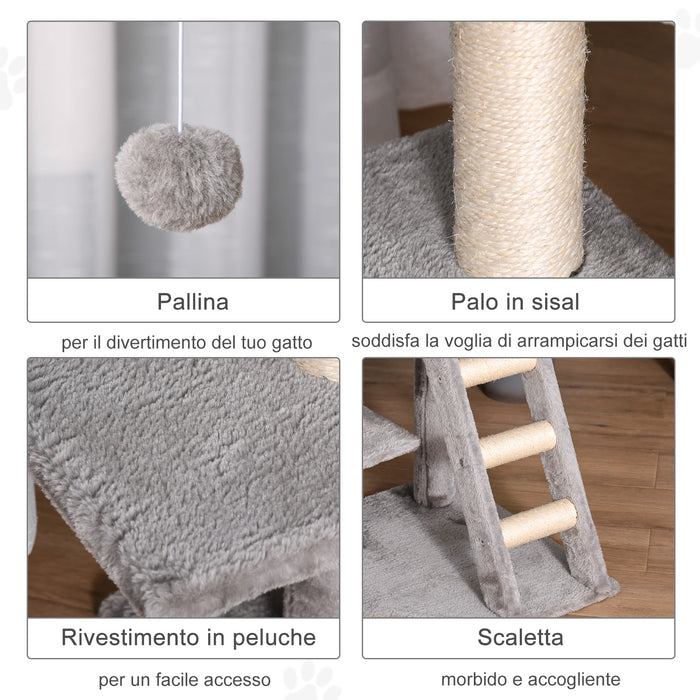 EasyComfort Tiragraffi Multilivello Palestra per Gatti con Cuccia, Scala e Corde in Sisal, Grigio Chiaro, 50x40x120cm
