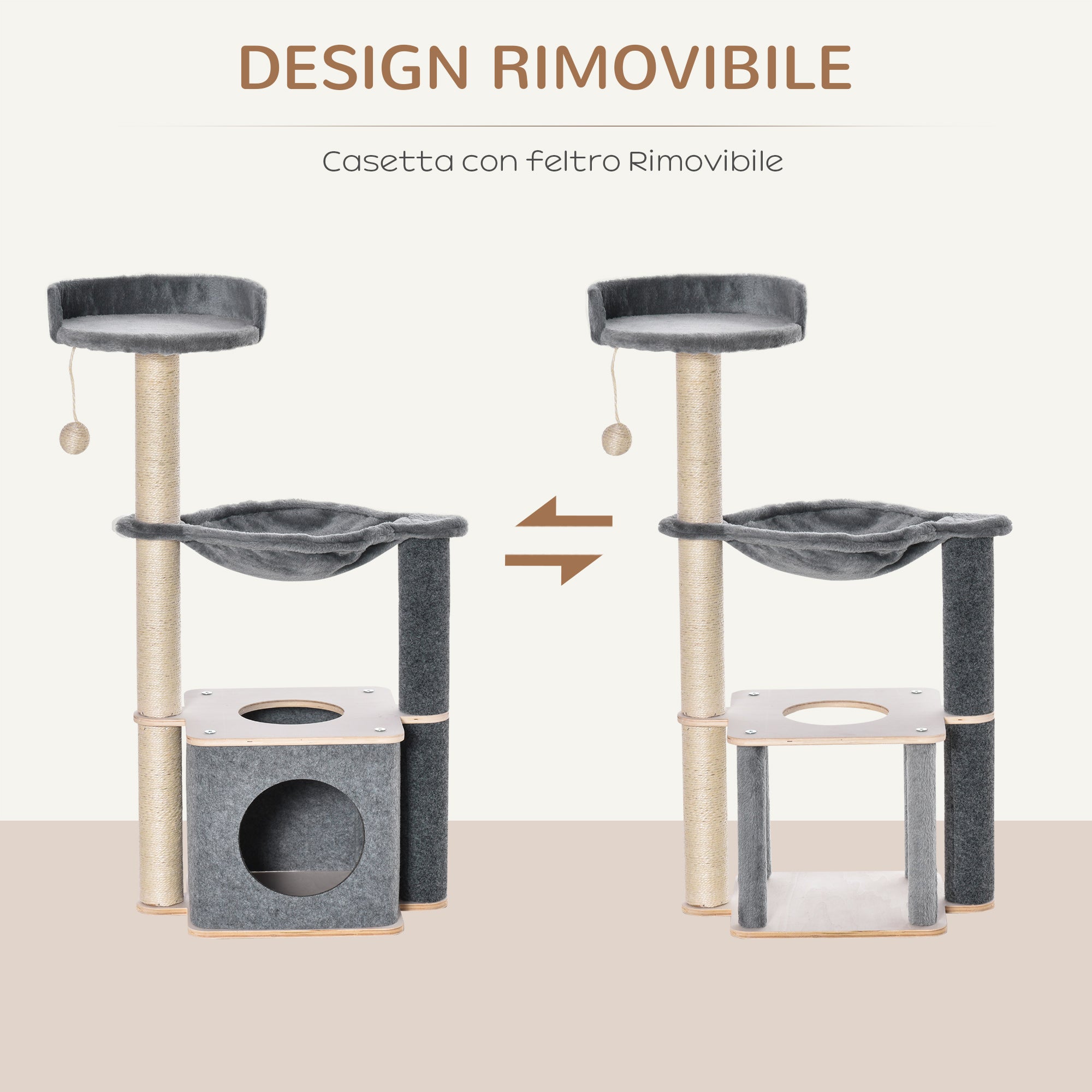 Easycomfort Albero Tiragraffi Multilivello per Gatti Adulti, Palestra per Gatti con Casetta, Amaca, Cuccia e Corde in Sisal, 48x34x95cm, Grigio