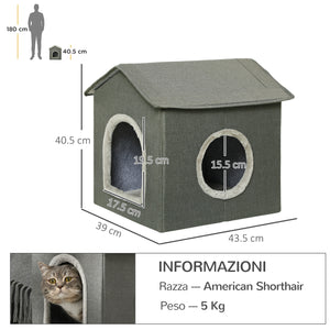 Easycomfort Casetta per Gatti con Cuscini Lavabili 2 entrate, 39x43.5x40.5cm Grigio