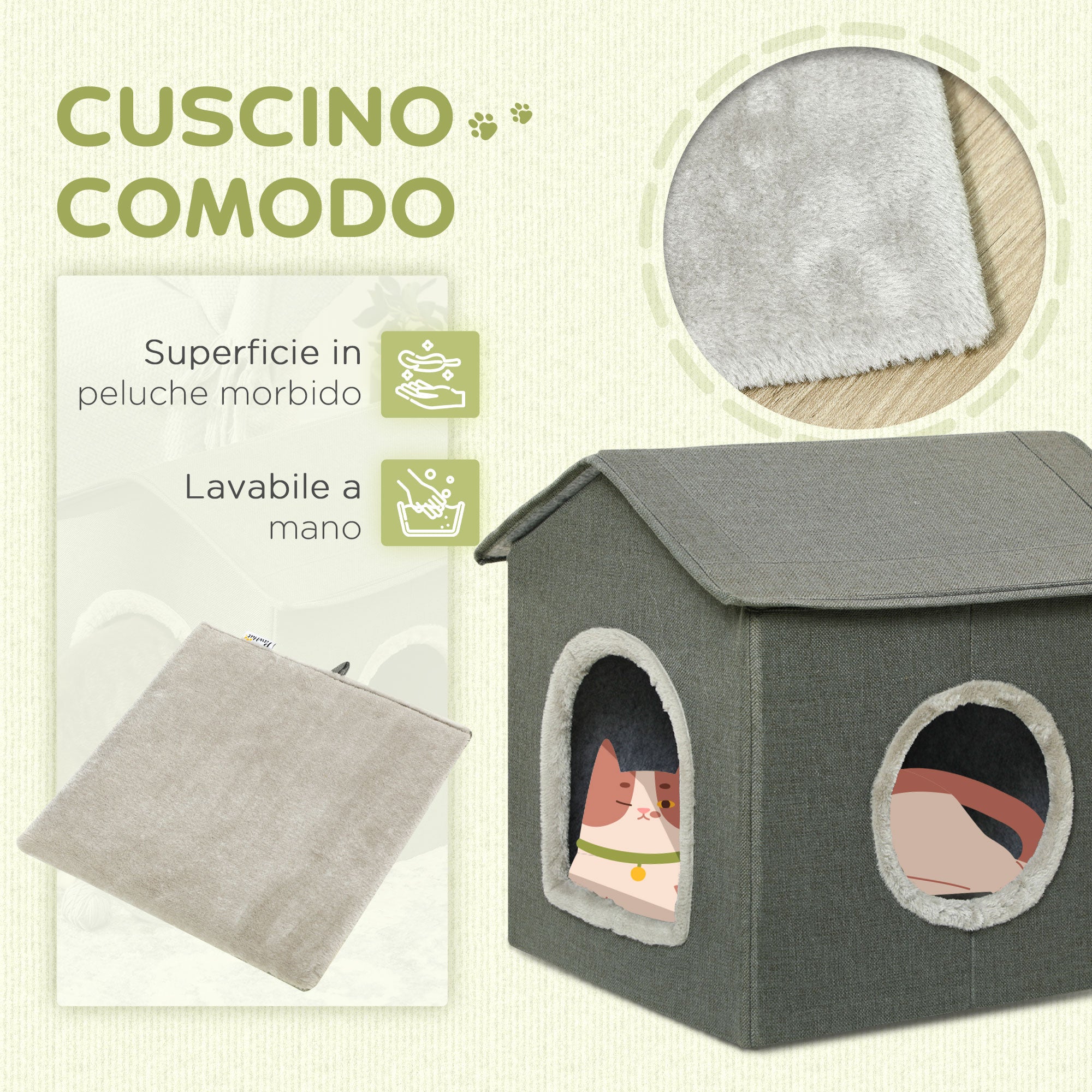 Easycomfort Casetta per Gatti con Cuscini Lavabili 2 entrate, 39x43.5x40.5cm Grigio