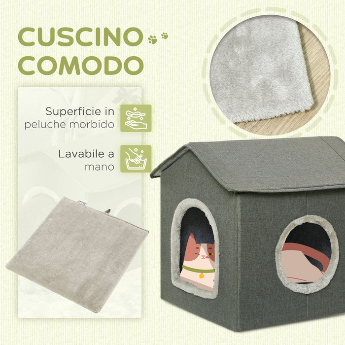 Easycomfort Casetta per Gatti con Cuscini Lavabili 2 entrate, 39x43.5x40.5cm Grigio