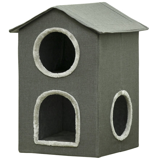 Easycomfort Casetta per Gatti a Due Livelli con Cuscini Lavabili 3 entrate, 42x46x59.5 cm, Grigio