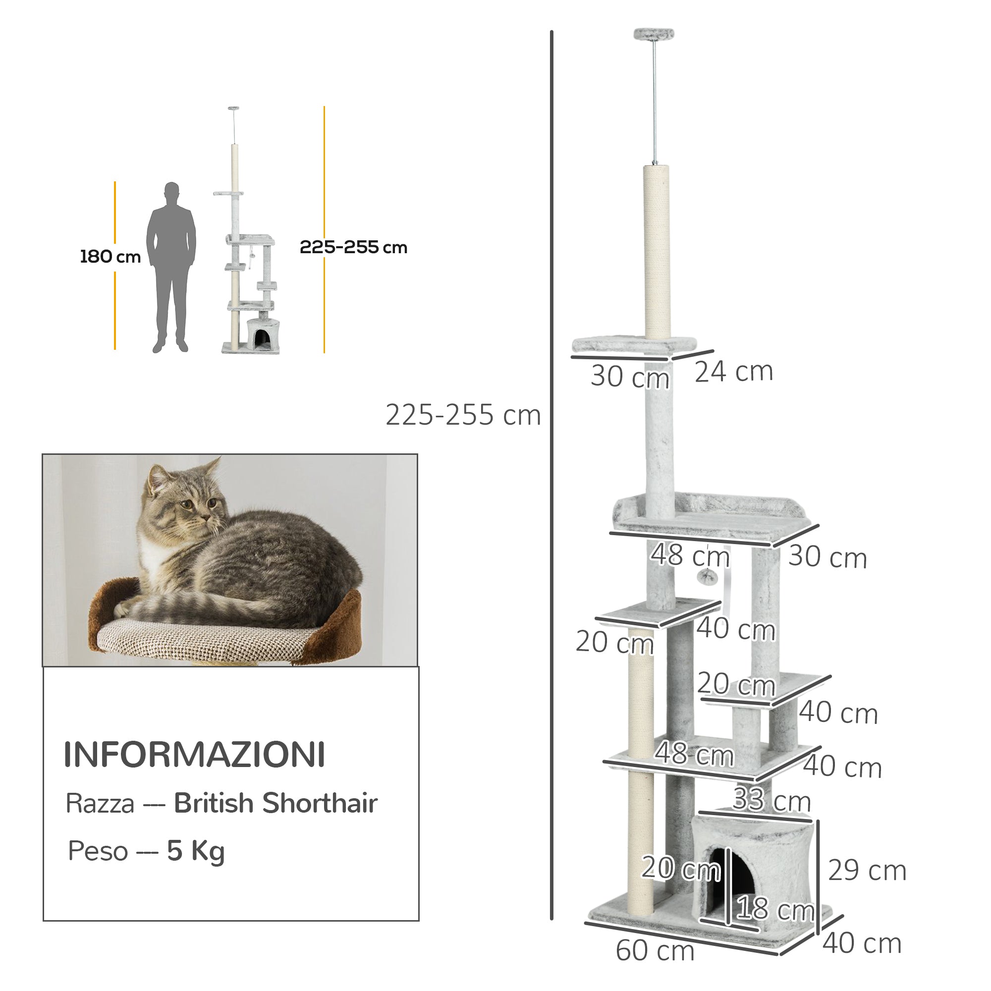 Easycomfort Albero Tiragraffi per Gatti a Soffitto con Piattaforme e Casetta, 60x40x225-255cm, Grigio