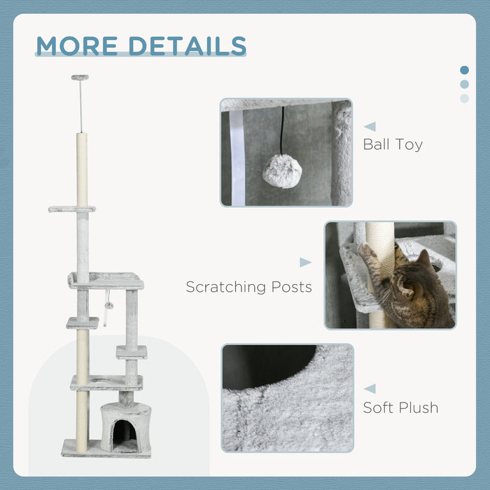 Easycomfort Albero Tiragraffi per Gatti a Soffitto con Piattaforme e Casetta, 60x40x225-255cm, Grigio