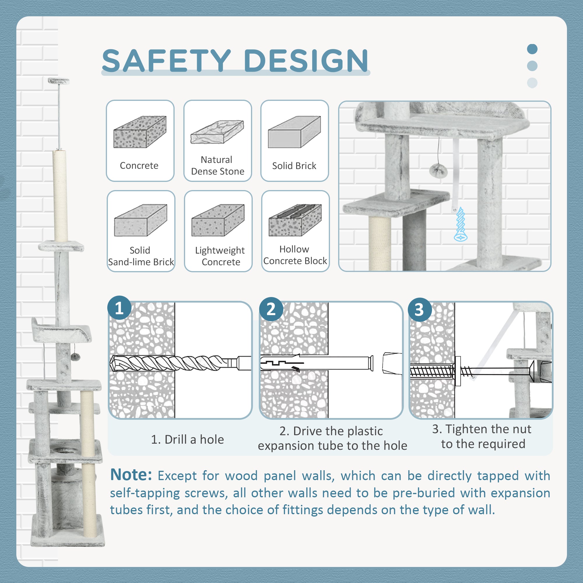 Easycomfort Albero Tiragraffi per Gatti a Soffitto con Piattaforme e Casetta, 60x40x225-255cm, Grigio