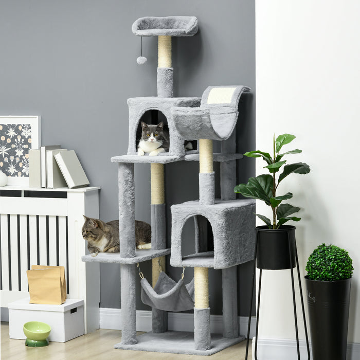 Easycomfort Albero per Gatti con Amaca, Lettino e 2 Casette, in Truciolato e Peluche, 55x49x177 cm, Grigio e Bianco