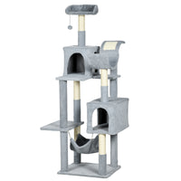 Easycomfort Albero per Gatti con Amaca, Lettino e 2 Casette, in Truciolato e Peluche, 55x49x177 cm, Grigio e Bianco