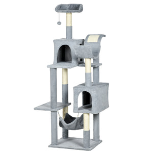 Easycomfort Albero per Gatti con Amaca, Lettino e 2 Casette, in Truciolato e Peluche, 55x49x177 cm, Grigio e Bianco