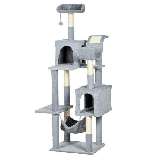 Easycomfort Albero per Gatti con Amaca, Lettino e 2 Casette, in Truciolato e Peluche, 55x49x177 cm, Grigio e Bianco