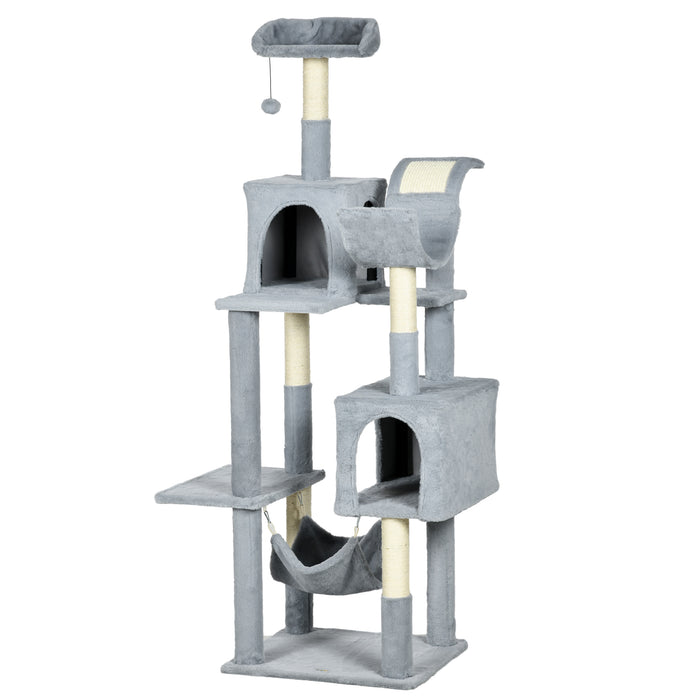 Easycomfort Albero per Gatti con Amaca, Lettino e 2 Casette, in Truciolato e Peluche, 55x49x177 cm, Grigio e Bianco