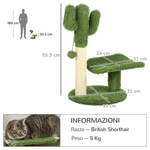 Easycomfort Albero per Gatti a forma di Cactus con Tiragraffi e Pallina da Gioco, 35x31x55.5 cm, Verde e Bianco