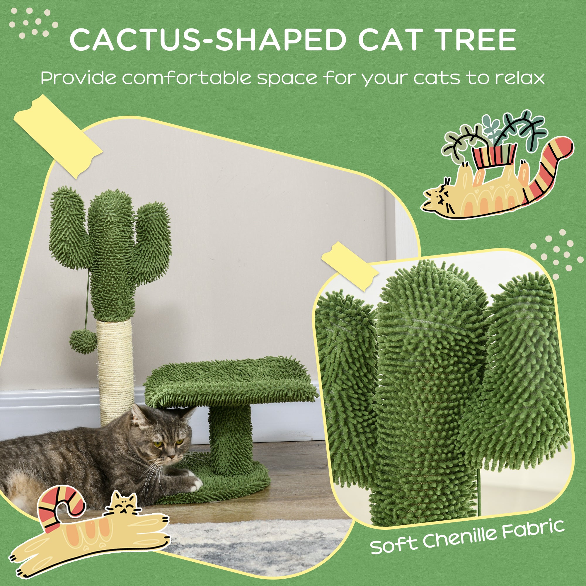 Easycomfort Albero per Gatti a forma di Cactus con Tiragraffi e Pallina da Gioco, 35x31x55.5 cm, Verde e Bianco