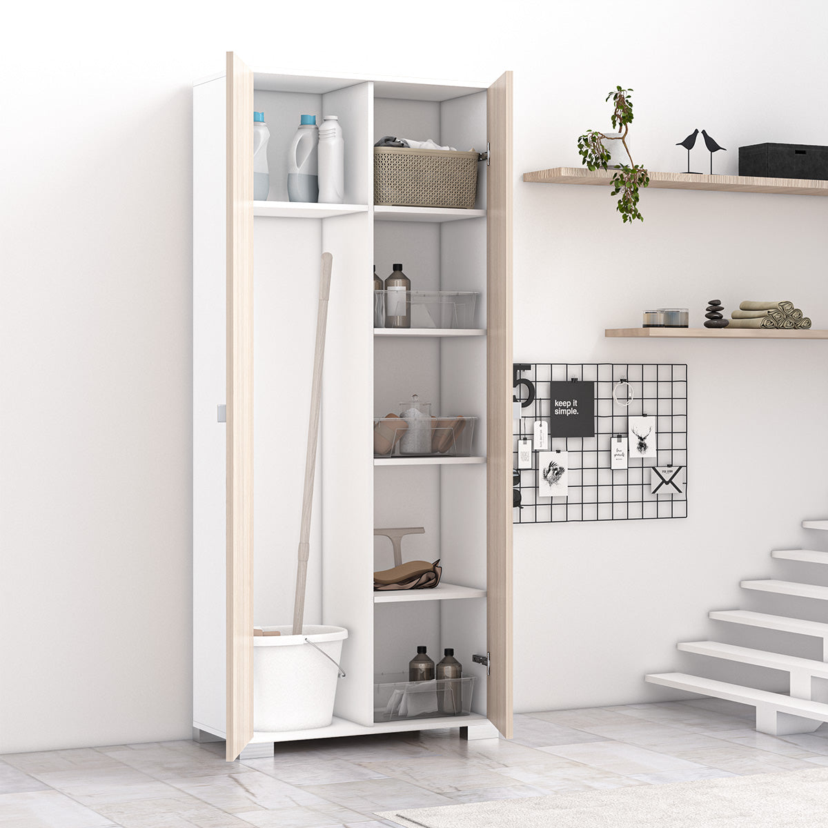 armadio 2 ante Sonia portascope multiuso lavanderia spogliatoio 75x35x180H - Bianco/Olmo