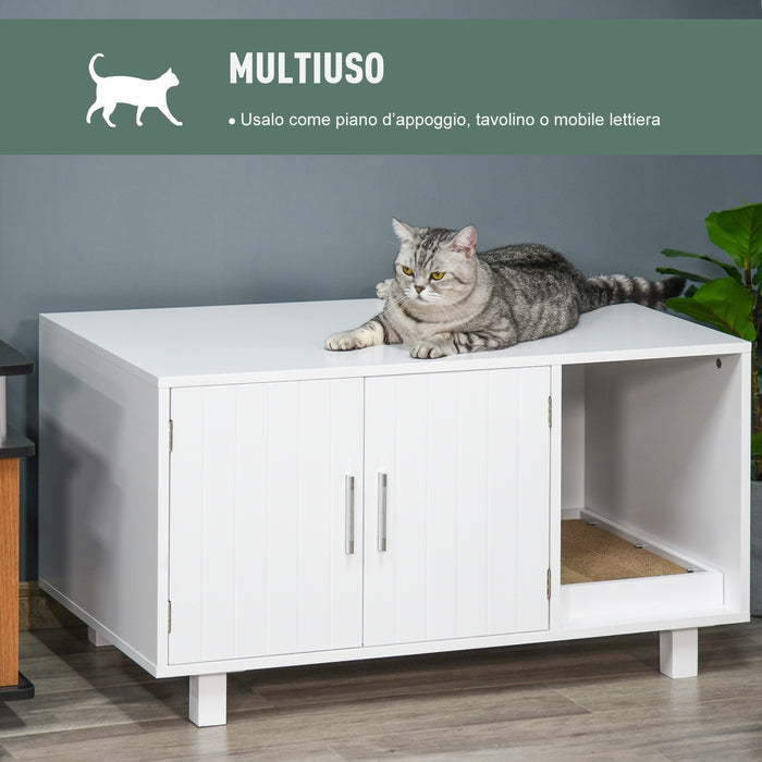 Easycomfort Mobile per Lettiera Gatti in Legno con 2 Ante e Apertura Laterale con Tiragraffi, Bianco