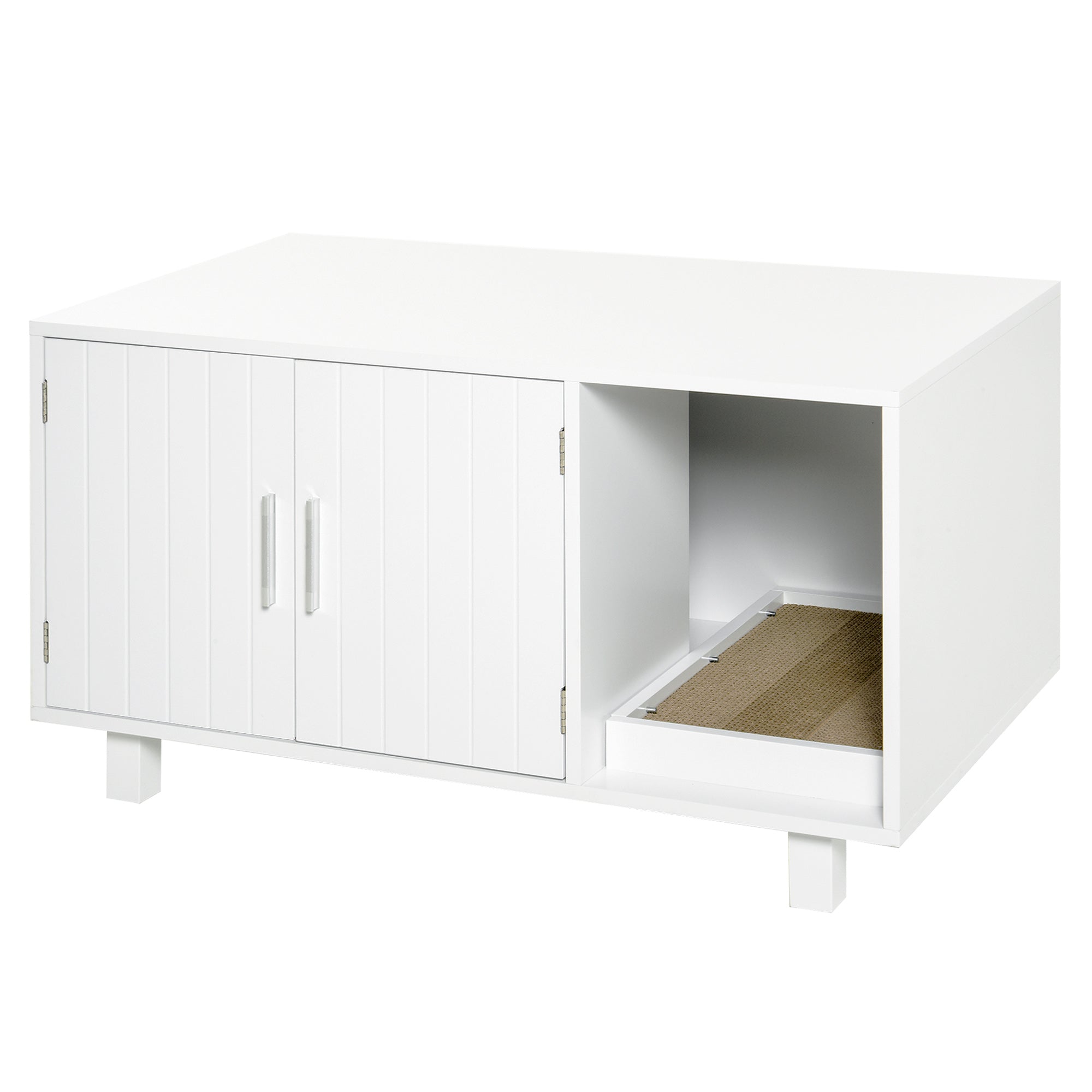Easycomfort Mobile per Lettiera Gatti in Legno con 2 Ante e Apertura Laterale con Tiragraffi, Bianco