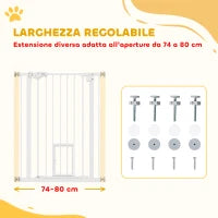 Cancelletto per Cani con Porta Piccola, Montaggio a Pressione e Chiusura Automatica, 74-80x91.4cm, Bianco