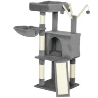 Albero tiragraffi per gatti con tappetino in sisal, piattaforma, tana e amaca, 40,5 x 40,5 x 103 cm, Grigio