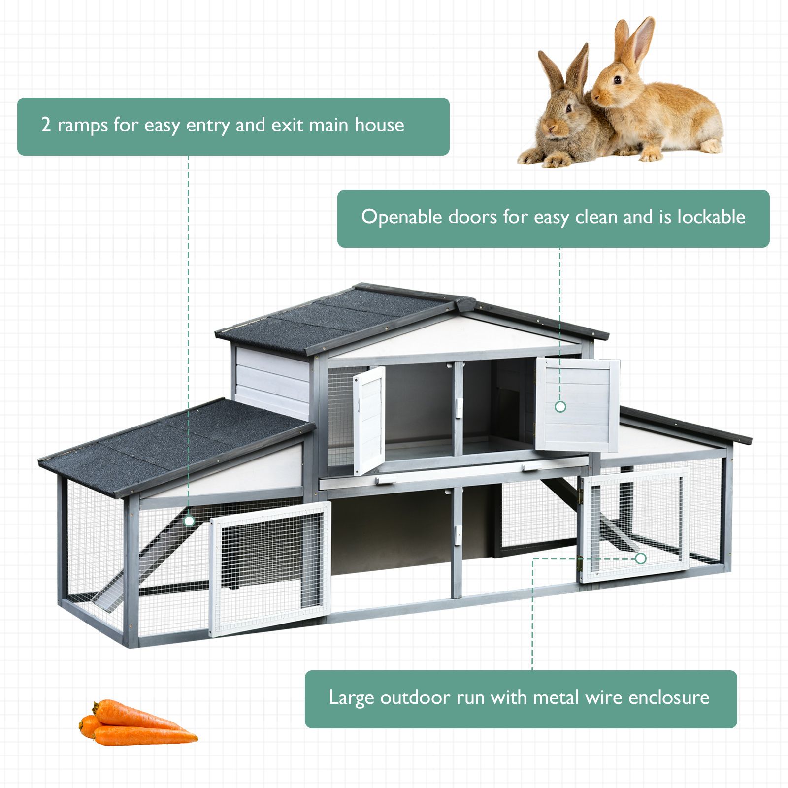 Easycomfort Conigliera da Esterno in Legno e Metallo, Gabbia per 2-3 Conigli o Roditori, Grigia e Bianca 225x70x100cm
