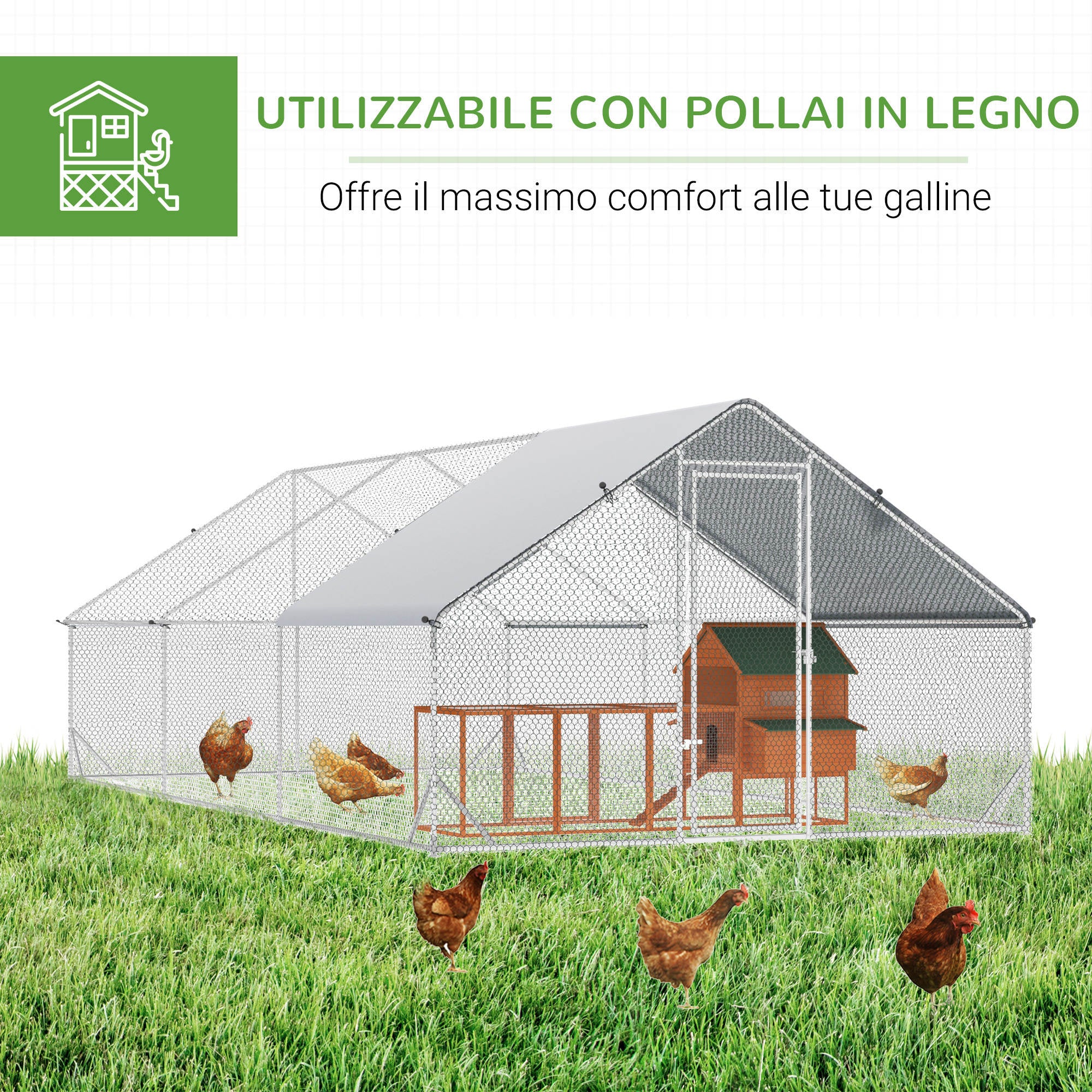 EasyComfort Pollaio da Giardino con Telaio Zincato, Copertura Impermeabile e Rete Esagonale, 3x6x2m, Argento