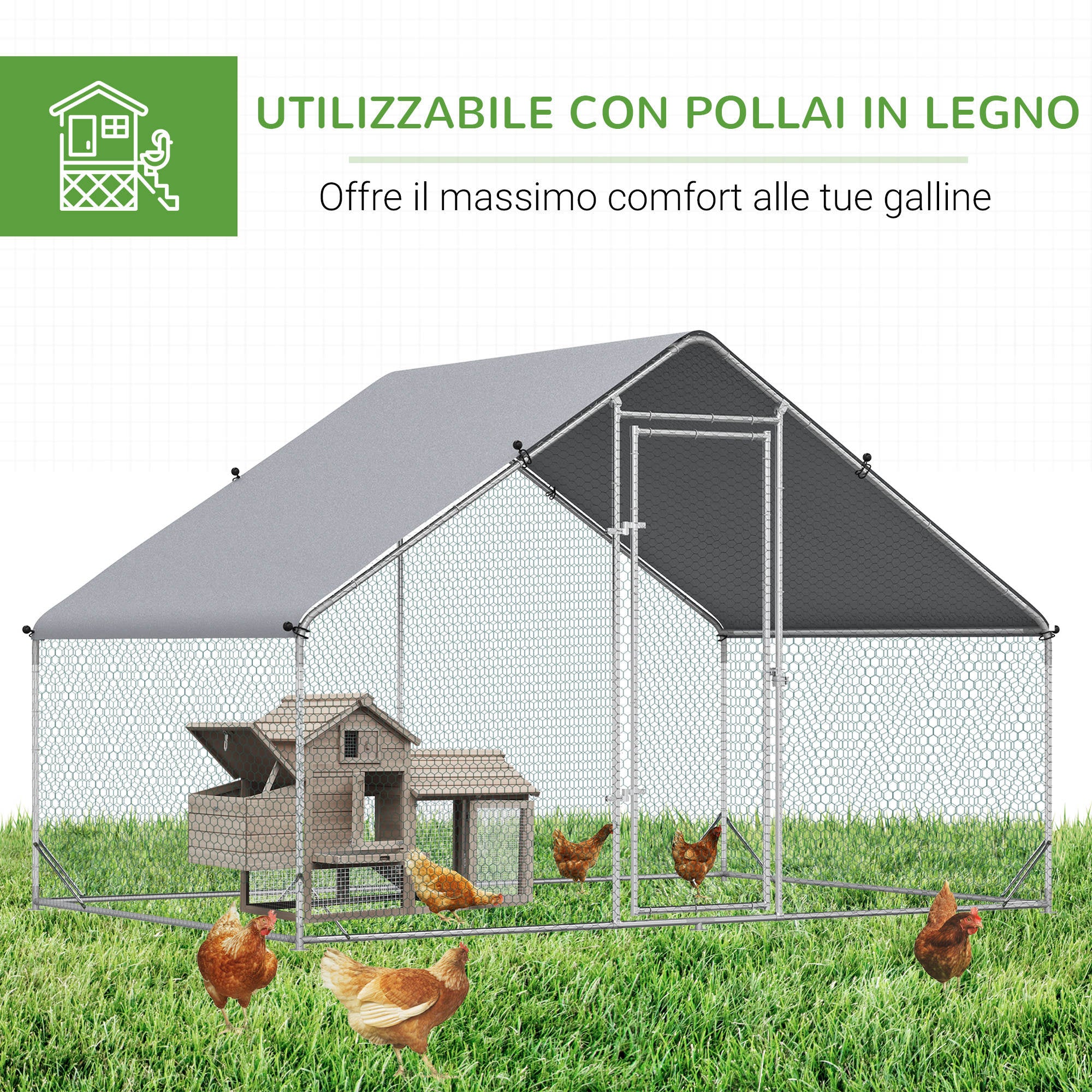 EasyComfort Pollaio da Giardino con Telaio Zincato, Copertura Impermeabile e Rete Esagonale, 3x2x2m, Argento