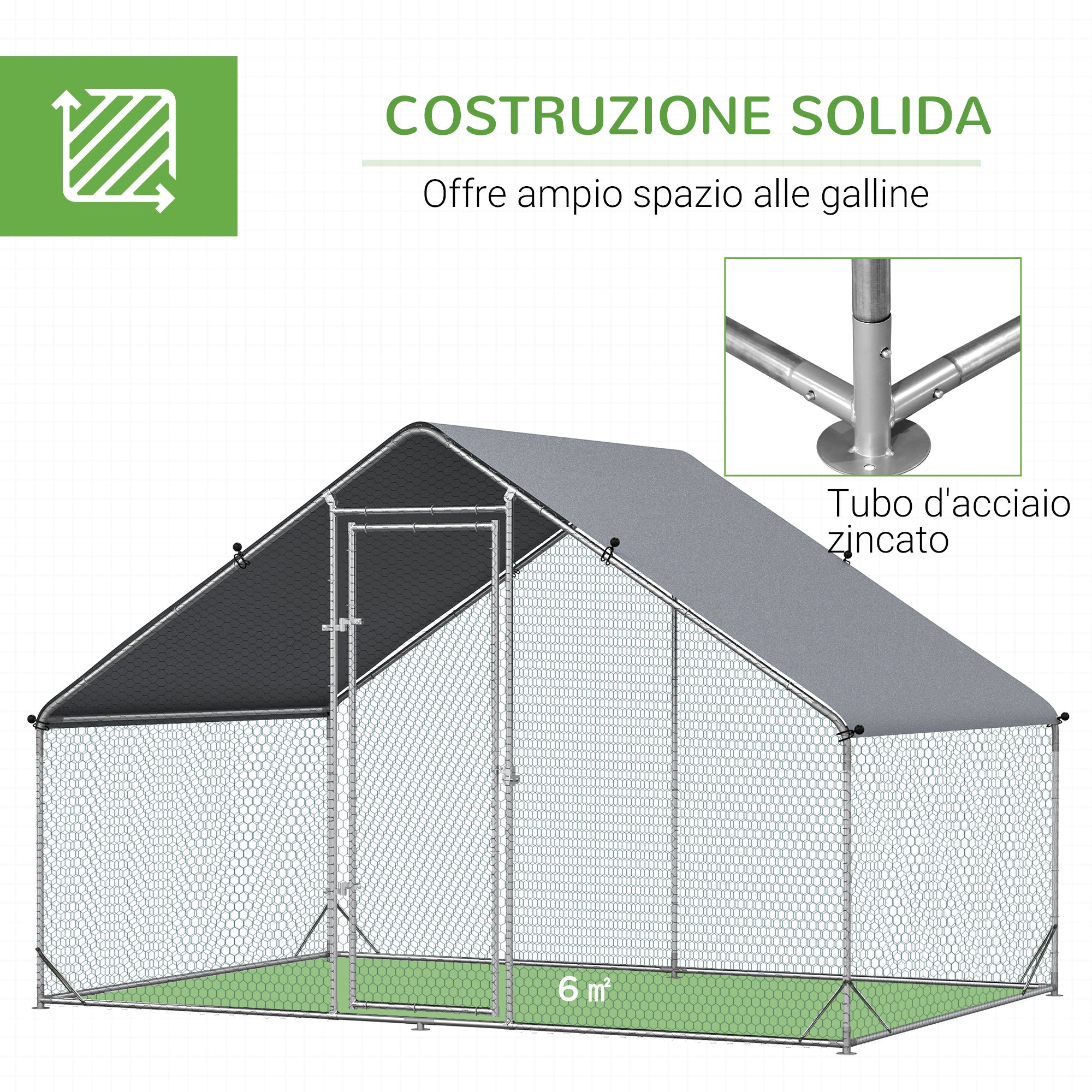 EasyComfort Pollaio da Giardino con Telaio Zincato, Copertura Impermeabile e Rete Esagonale, 3x2x2m, Argento