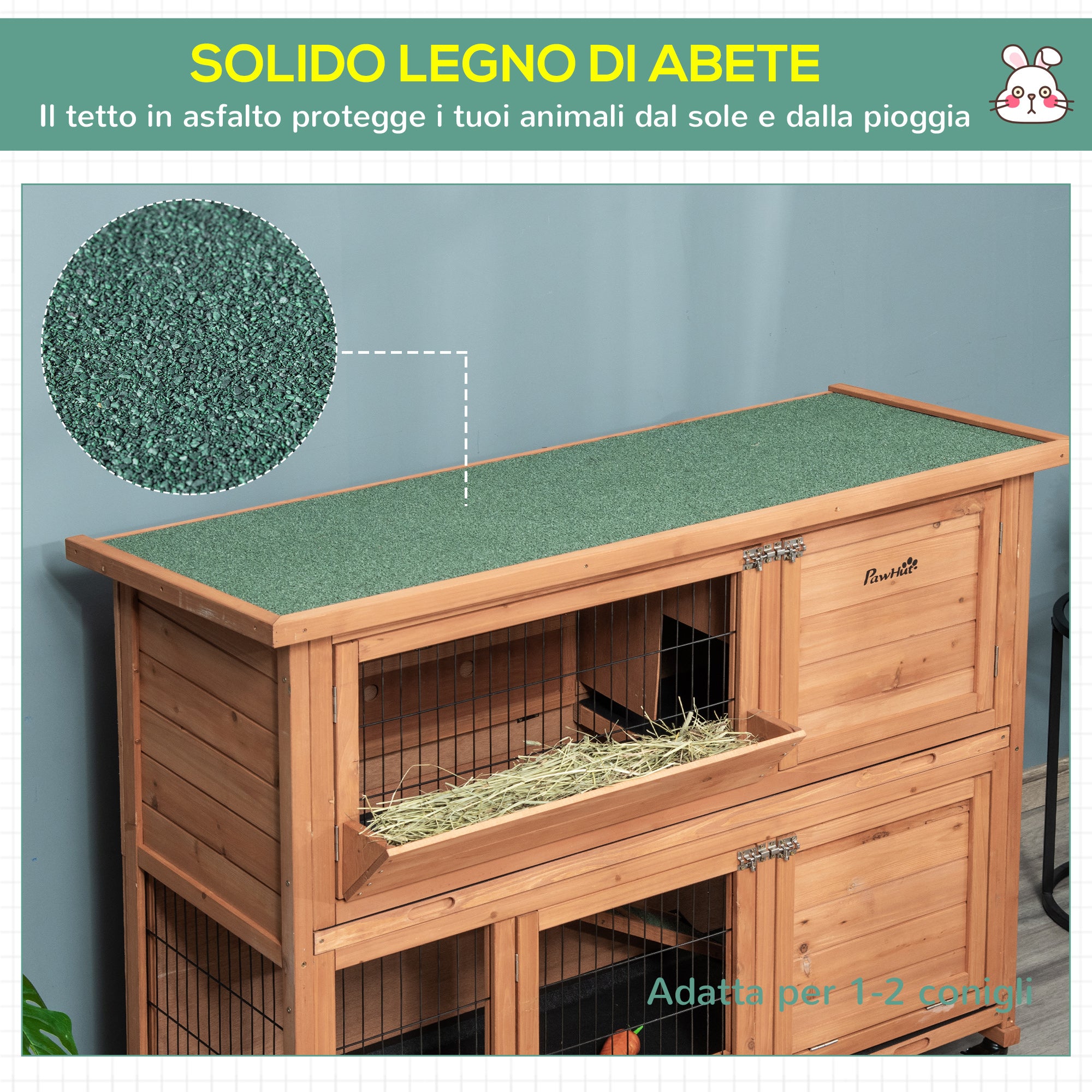 Easycomfort Conigliera in Legno a 2 Livelli con Ruote, Vassoio Estraibile e Rampa, 122x50x101cm