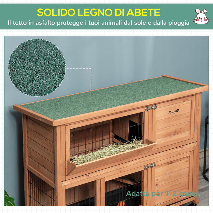Easycomfort Conigliera in Legno a 2 Livelli con Ruote, Vassoio Estraibile e Rampa, 122x50x101cm