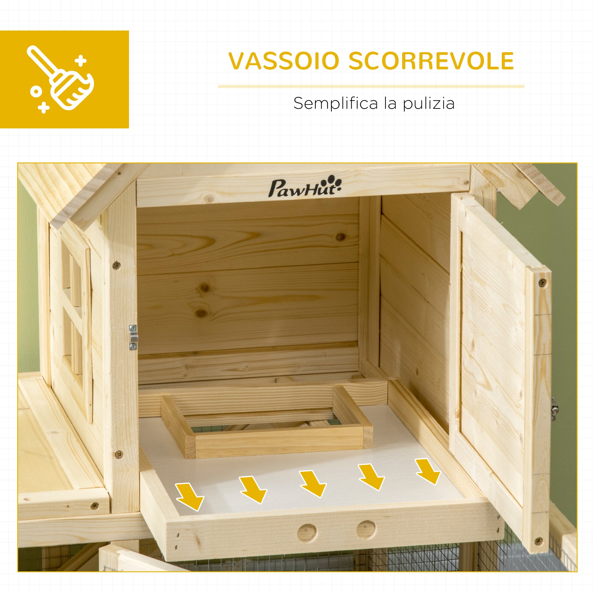 EasyComfort Conigliera per Interno in Legno d'Abete con Vassoio Estraibile, 3 Porte e Area Esterna, 151.5x106x97 cm