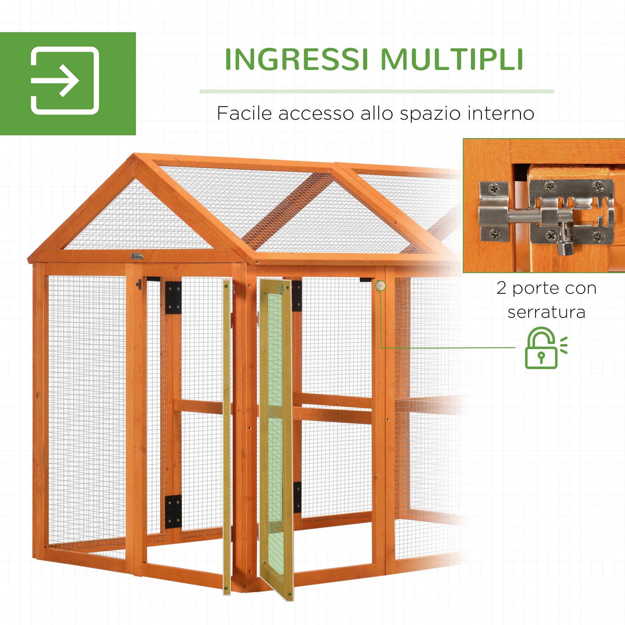Easycomfort Gabbia per Galline in Legno con Porte Multiple e Rete in Metallo, 140x88.5x106cm, Arancione