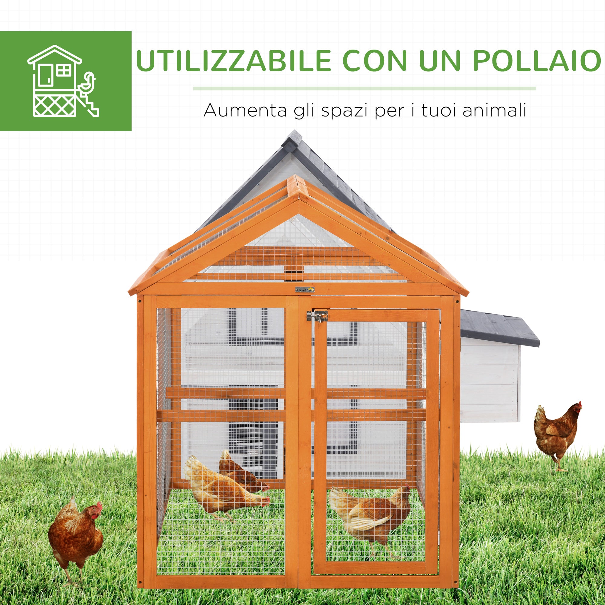 Easycomfort Gabbia per Galline in Legno con Porte Multiple e Rete in Metallo, 140x88.5x106cm, Arancione