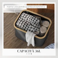 Cesto Portabiancheria da 36L Pieghevole con Maniglie in Bambù e Poliestere, Nero