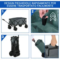 Carrello da Giardino Carico max 70kg con Maniglia Telescopica, in Metallo e Tessuto Oxford, 108x55 cm, Grigio