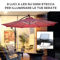 Ombrellone da Giardino a Braccio Ø3x2.4  m con Manovella e 8 Strisce LED a Energia Solare, Rosso scuro