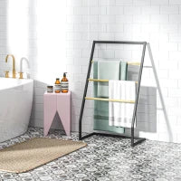 Portasciugamani a 4 Sbarre in Acciaio e Bambù, 60x35x102 cm, Nero e color Legno