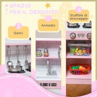 Cucina Giocattolo in Legno per Bambini 3-8 Anni con Fornelli, Microonde, Lavandino, e Accessori, Rosa
