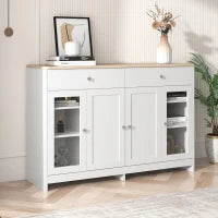 Credenza Moderna con Superficie in Legno, con 4 Ante e 2 Cassetti e Anta in Vetro, per Soggiorno e Sala da Pranzo, Bianco