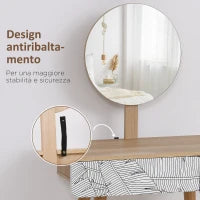 Toeletta Tavolo da Trucco con Specchio Circolare Ф39cm, Consolle Trucco con Cassetto con Decorazione Jungle, Bianco e Rovere, 70x39x119-128cm