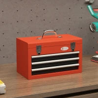 DURHAND Cassetta Porta Attrezzi con 3 Cassetti e Vano Superiore in Acciaio con Maniglia, 45x24x27cm, Rosso