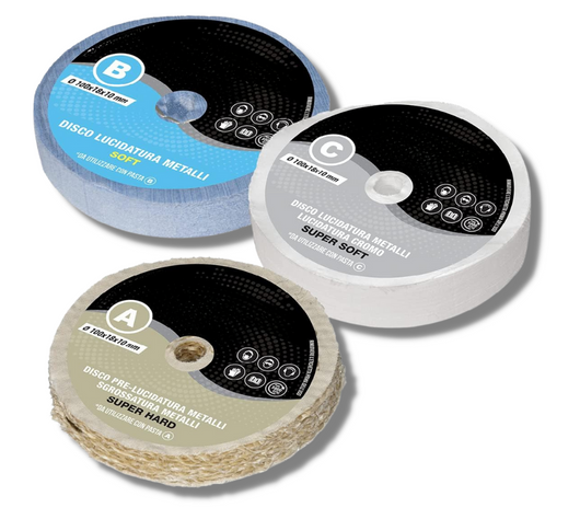 Kit 3 Disco Lucidatura 100 mm (A-B-C) In Cotone Set Lucidare A Specchio Alluminio Metalli Acciaio Inox Dischi Lucidante Per Trapano Da Mola Smerigliatrice Ottone Rame Legno Marmo Plexiglass
