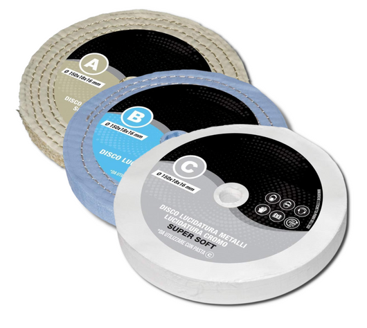 Kit 3 Disco Lucidatura 150 mm (A-B-C) Dischi In Cotone Lucidare A Specchio Acciaio Inox Metalli Alluminio