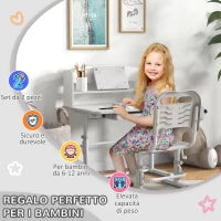 Set Scrivania per Bambini con Sedia Regolabile in Altezza e Piano Inclinabile, Età 6-12 Anni, Grigio