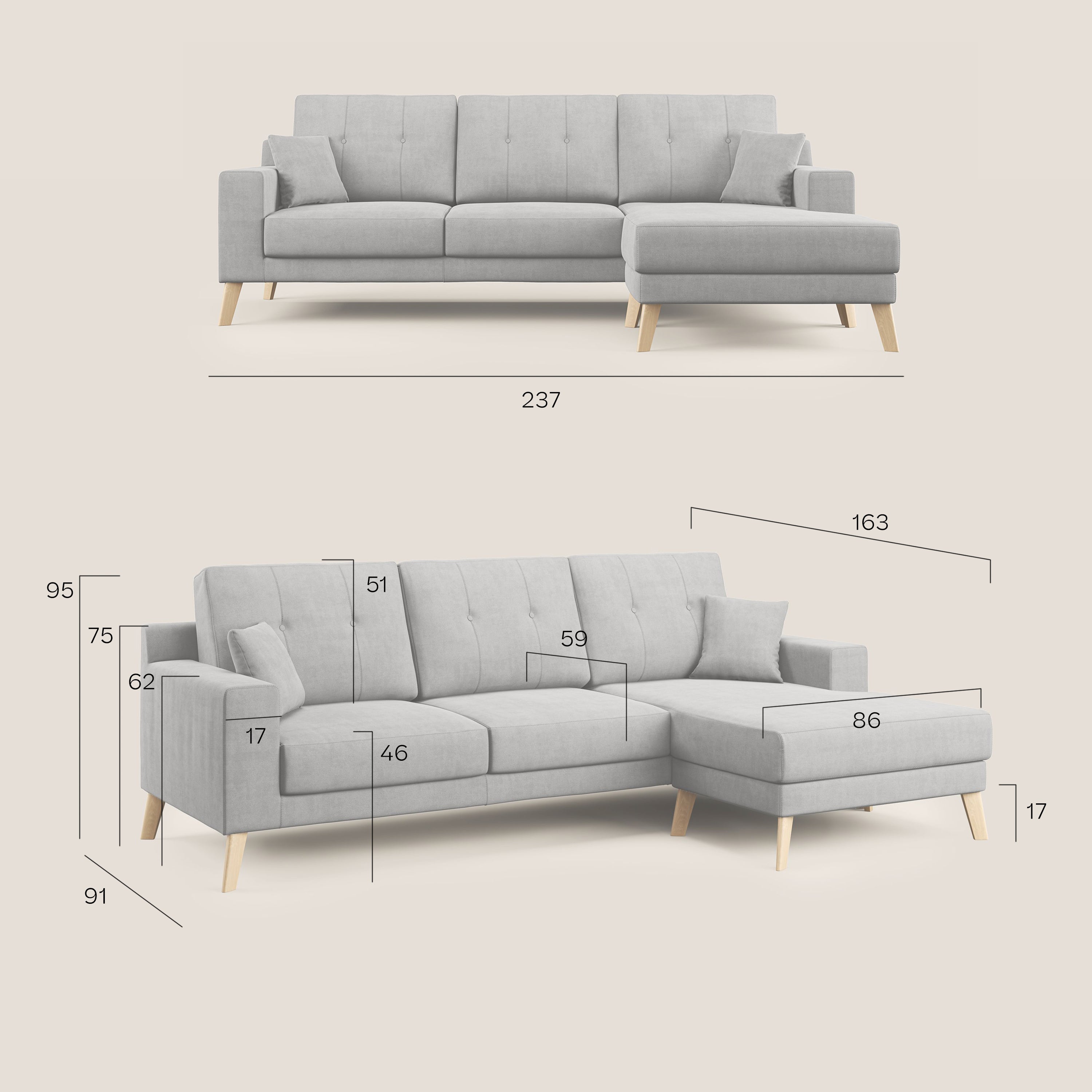 Danish Divano angolare REVERSIBILE in tessuto morbido impermeabile T02 237 cm beige