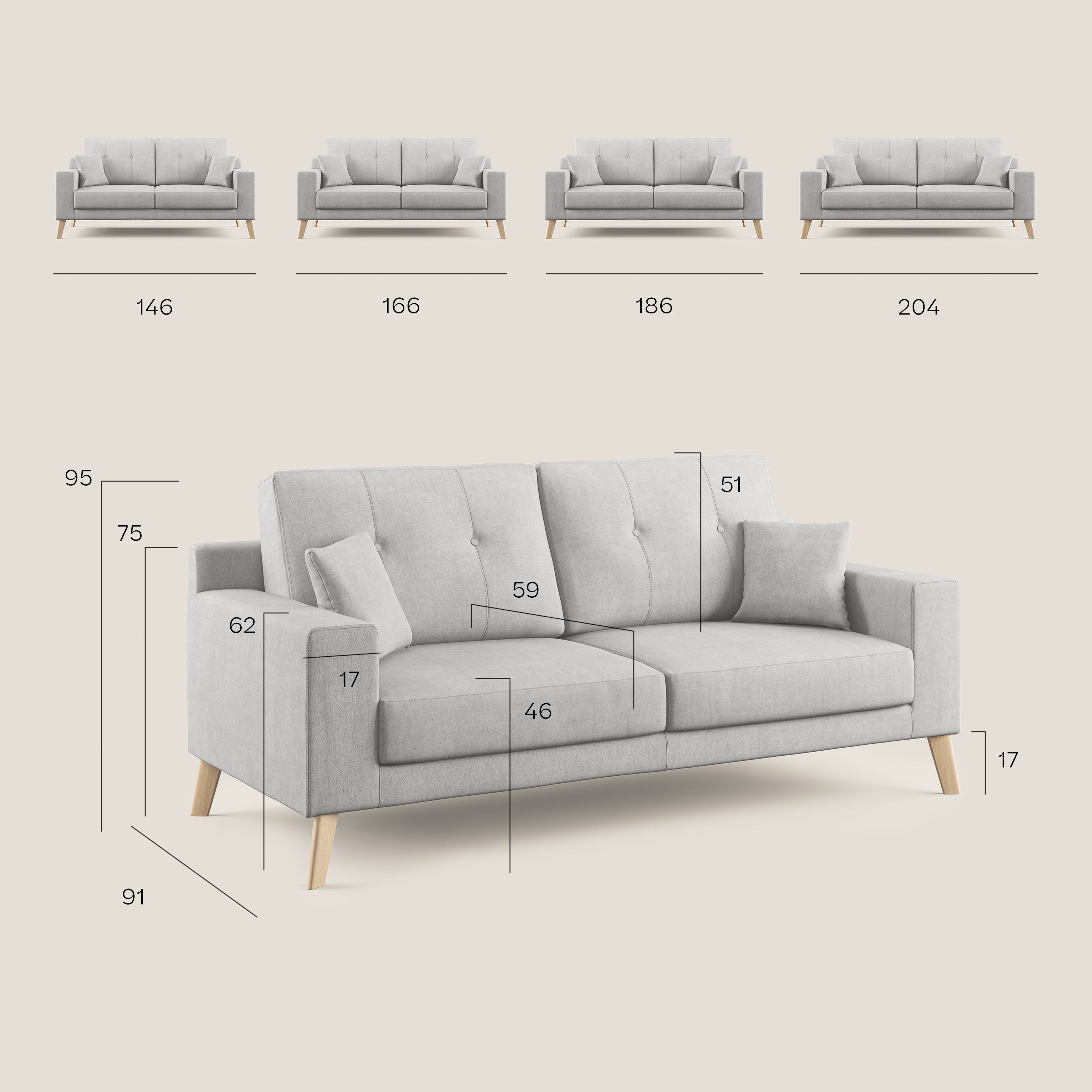Divano 3 Posti 206x95x91 cm in Tessuto Grigio Chiaro